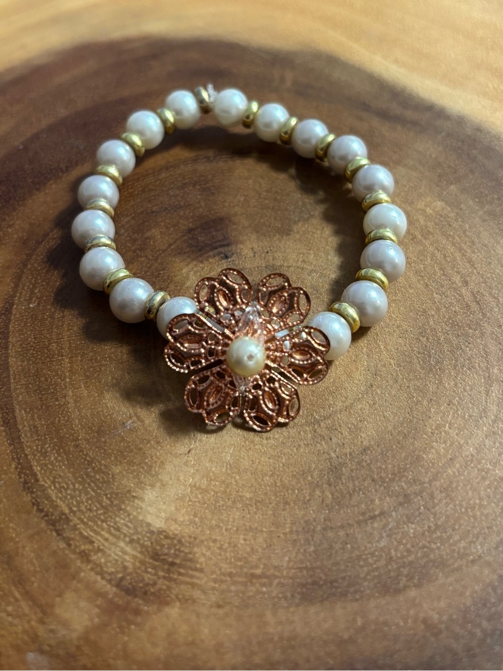 Handmade Pearl Bead Bracelet with Rose Gold-Tone Filigree Flower
